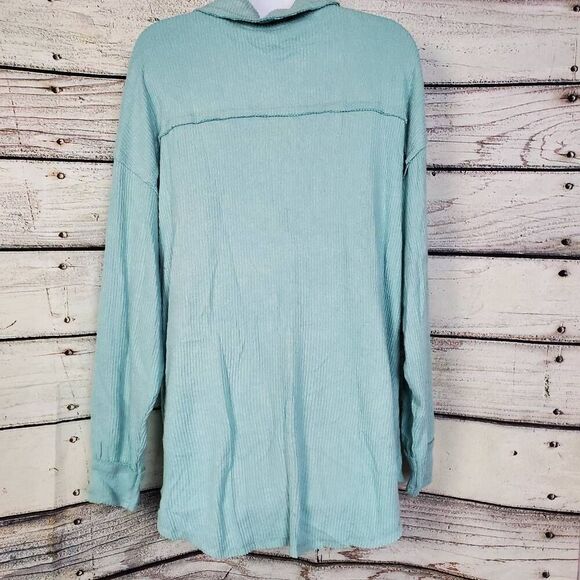 BKE Boyfriend Button Front Corded Shacket Top Aqua Blue Ribbed Small Oversized - Picture 4 of 7